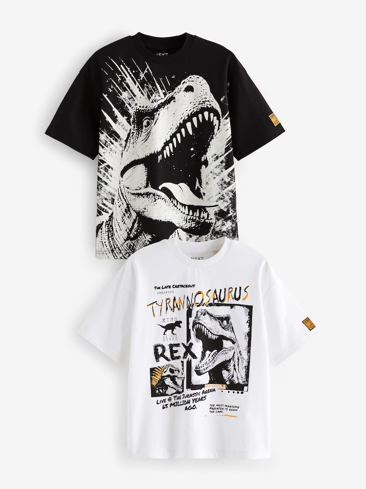 Dinosaurier-Motiv, Schwarz/Weiß - Kurzärmlige T-Shirts mit Grafik 100% Baumwolle 2er-Pack (3–16Jahre) - Bild 1 von 5 Dinosaurier-Motiv, Schwarz/Weiß - Kurzärmlige T-Shirts mit Grafik 100% Baumwolle 2er-Pack (3–16Jahre) - Bild 1 von 5