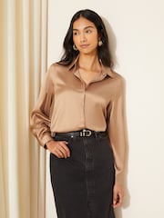 Friends Like These Mushroom Brown Satin Button Through Shirt - Image 1 of 4