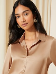 Friends Like These Mushroom Brown Satin Button Through Shirt - Image 3 of 4