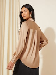Friends Like These Mushroom Brown Satin Button Through Shirt - Image 4 of 4
