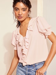Friends Like These Pink Ruffle Front Puff Sleeve Blouse - Image 1 of 4