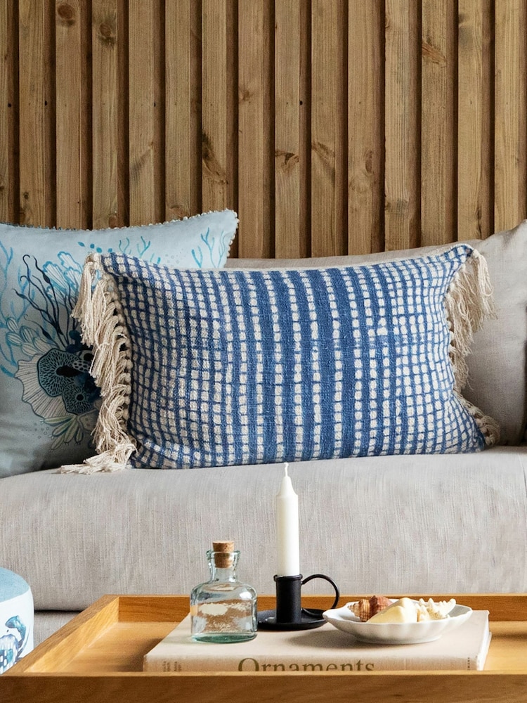 Voyage Cobalt Elkford Geometric Fringed Cushion - Image 1 of 4