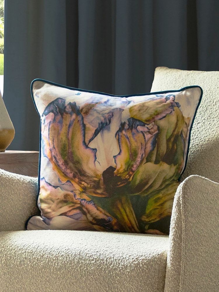 Voyage Cornflower Heligan Linen Floral Piped Cushion - Image 1 of 2