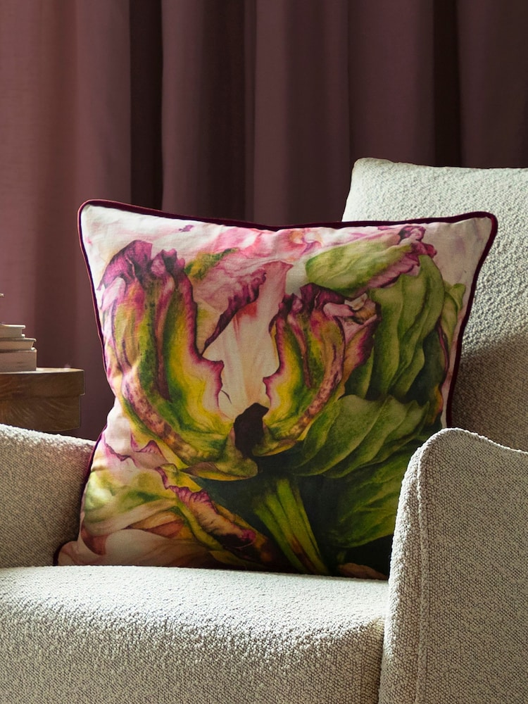 Voyage Fuchsia Heligan Linen Floral Piped Cushion - Image 1 of 3