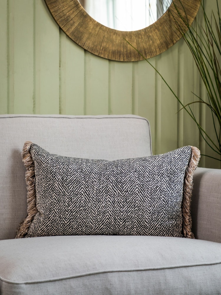 Voyage Charcoal Oryx Herringbone Fringed Cushion - Image 1 of 3