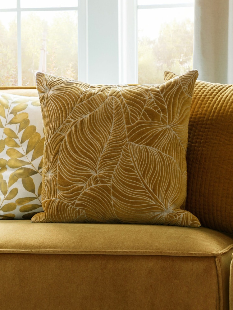 Voyage Mustard Yellow 50 x 50cm Taro Embroidered Velvet Cushion - Image 1 of 4