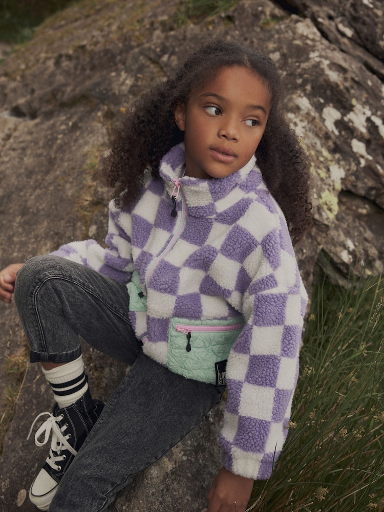 Purple Checkerboard Borg Fleece Zip Through Jacket (3-16yrs) - Image 1 of 7