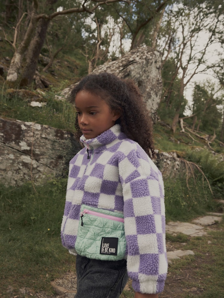 Purple Checkerboard Borg Fleece Zip Through Jacket (3-16yrs) - Image 2 of 7