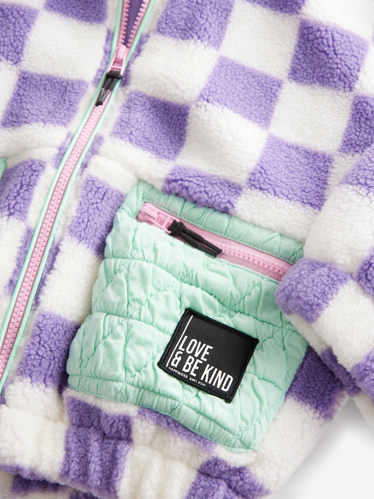Purple Checkerboard Borg Fleece Zip Through Jacket (3-16yrs) - Image 7 of 7