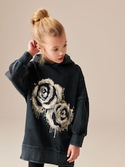 Charcoal Black Rose Printed Longline Hoodie (3-16yrs) - Image 1 of 4