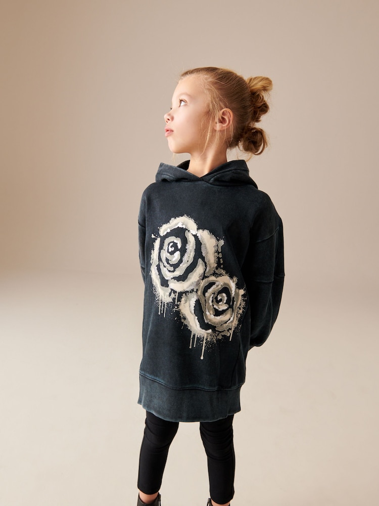 Charcoal Black Rose Printed Longline Hoodie (3-16yrs) - Image 2 of 4