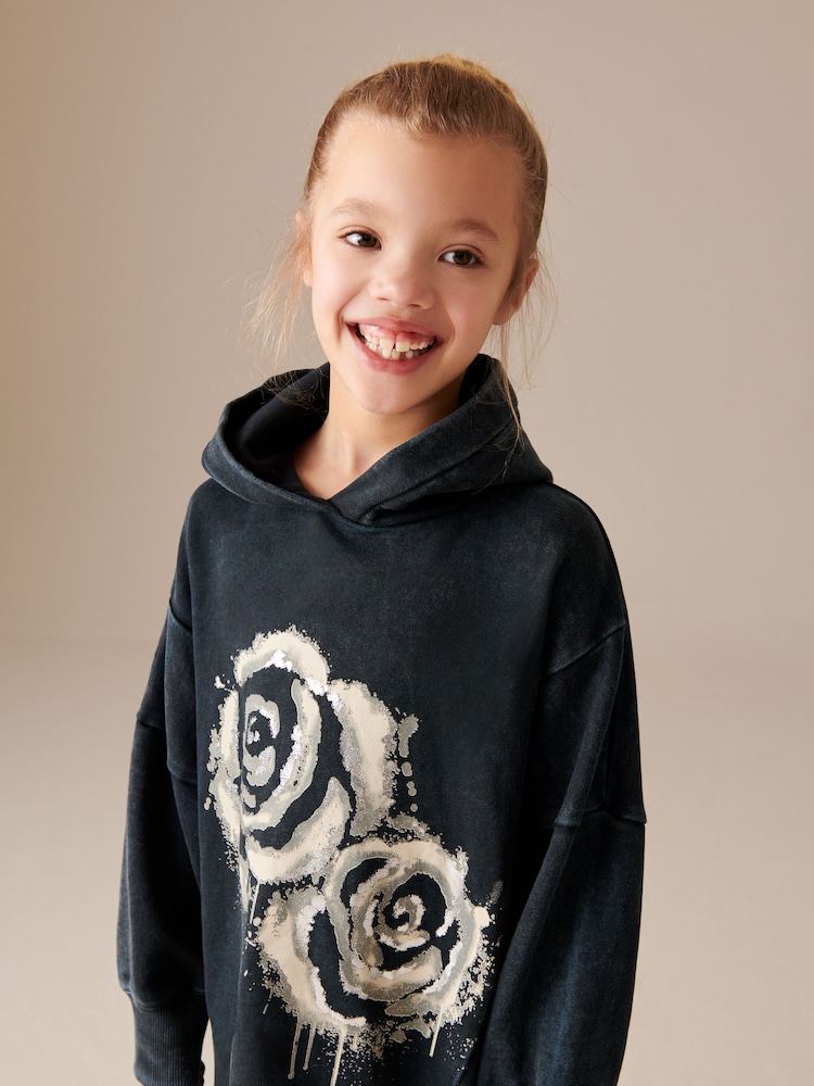 Charcoal Black Rose Printed Longline Hoodie (3-16yrs) - Image 4 of 4
