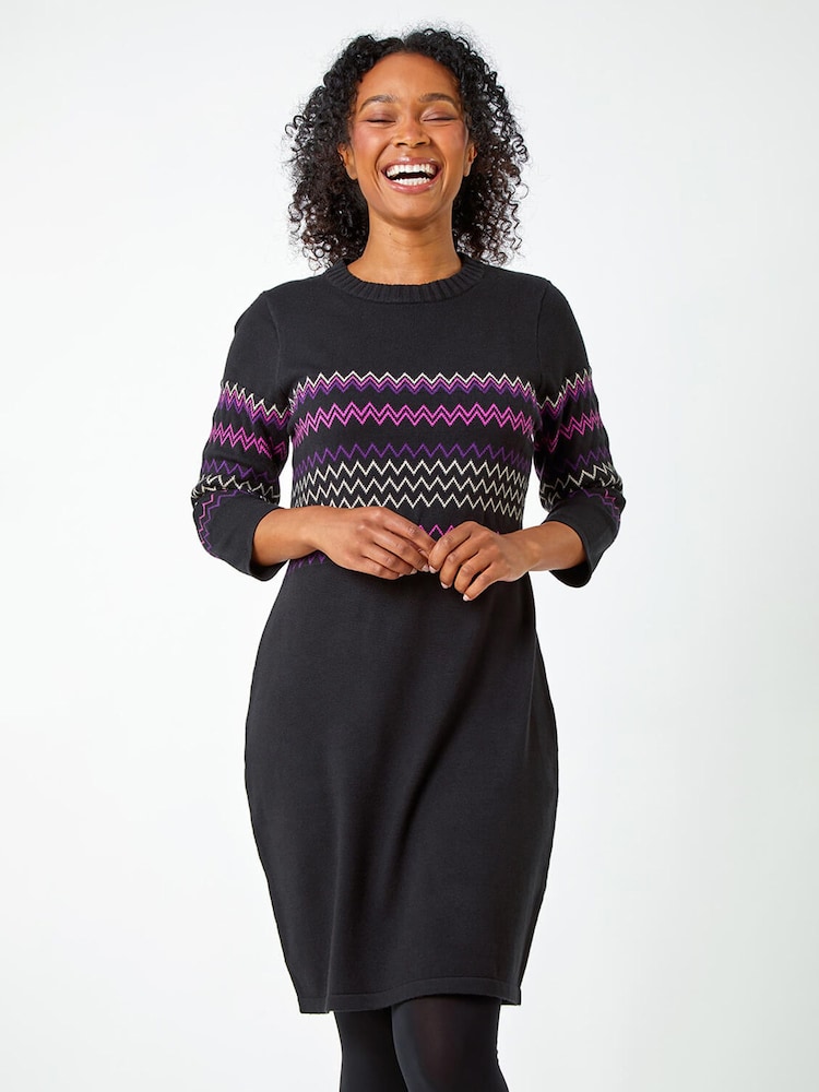 Roman Black Zig Zag Knitted Stretch Dress - Image 1 of 5