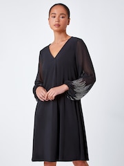 Roman Black Sparkle Sleeve Stretch Dress - Image 1 of 5