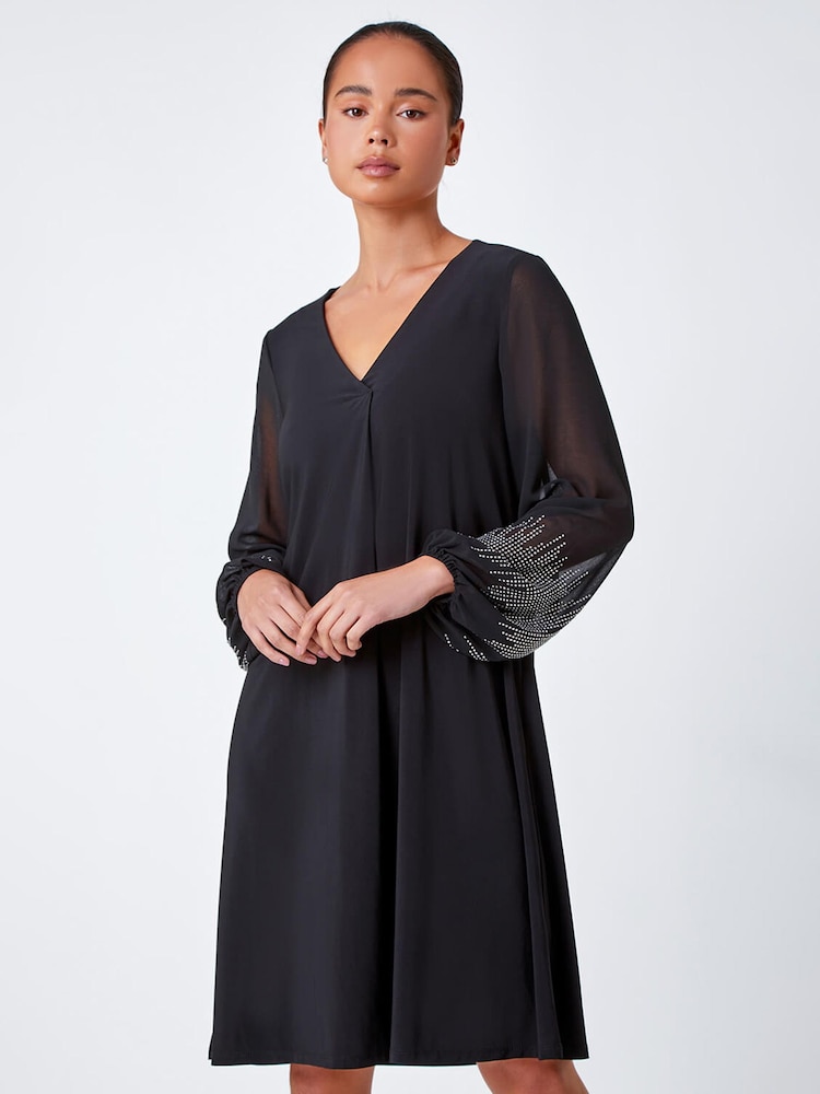 Roman Black Sparkle Sleeve Stretch Dress - Image 1 of 5