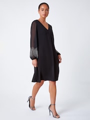 Roman Black Sparkle Sleeve Stretch Dress - Image 3 of 5
