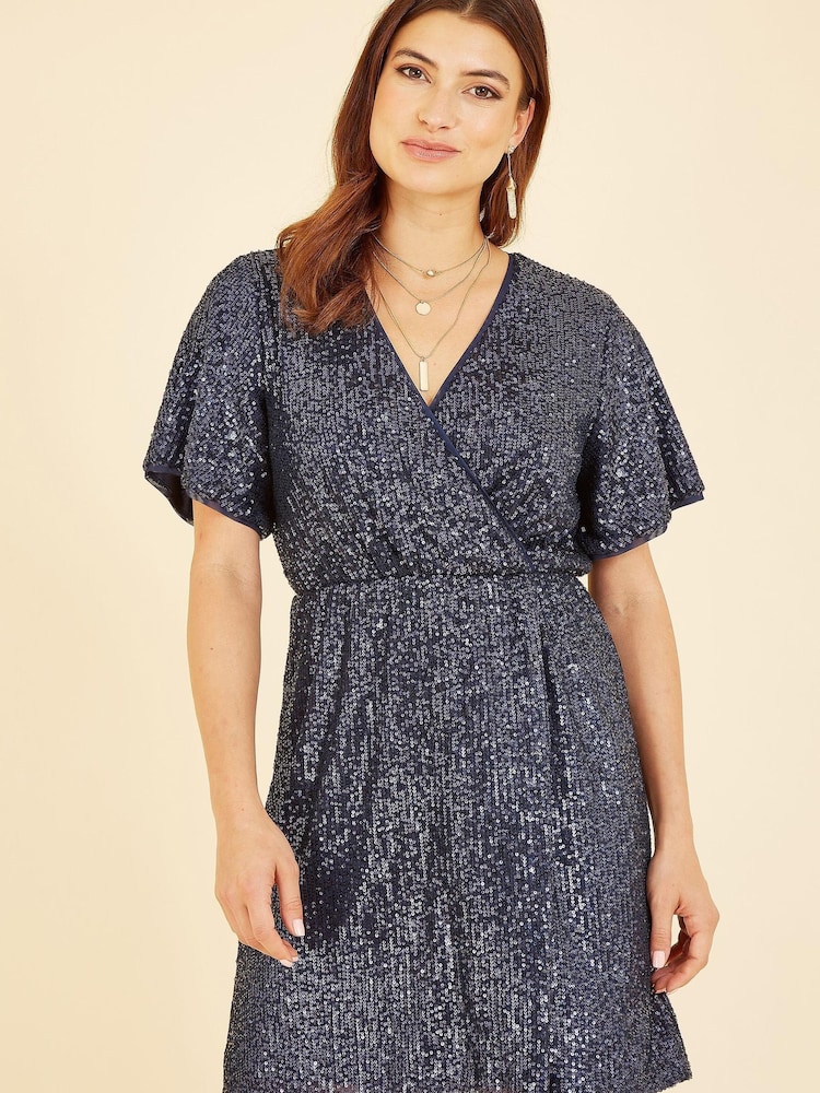 Mela Blue Sequin Kimono Sleeve Wrap Dress - Image 1 of 4