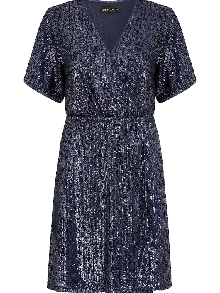 Mela Blue Sequin Kimono Sleeve Wrap Dress - Image 4 of 4