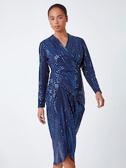 Roman Blue Sequin Wrap Midi Dress - Image 1 of 5