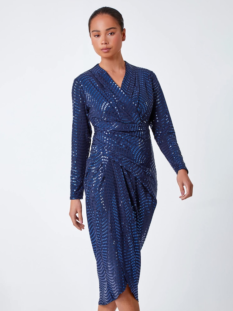 Roman Blue Sequin Wrap Midi Dress - Image 1 of 5