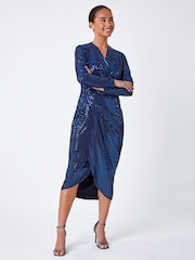 Roman Blue Sequin Wrap Midi Dress - Image 3 of 5