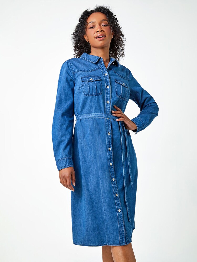 Roman Blue 100% Cotton Denim Shirt Dress - Image 1 of 5 Roman Blue 100% Cotton Denim Shirt Dress - Image 1 of 5