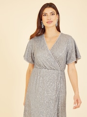 Mela Silver Sequin Kimono Sleeve Wrap Dress - Image 1 of 6