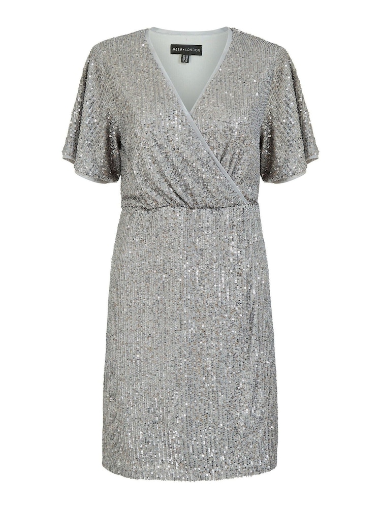 Silber - Mela Pailletten-Kimono-Wickelkleid mit Ärmeln - Bild 6 von 6 Silber - Mela Pailletten-Kimono-Wickelkleid mit Ärmeln - Bild 6 von 6