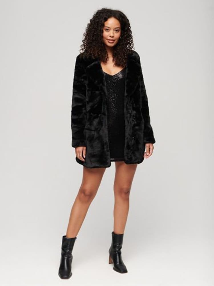 Superdry Black Vintage Mid Faux Fur Coat - Image 1 of 5