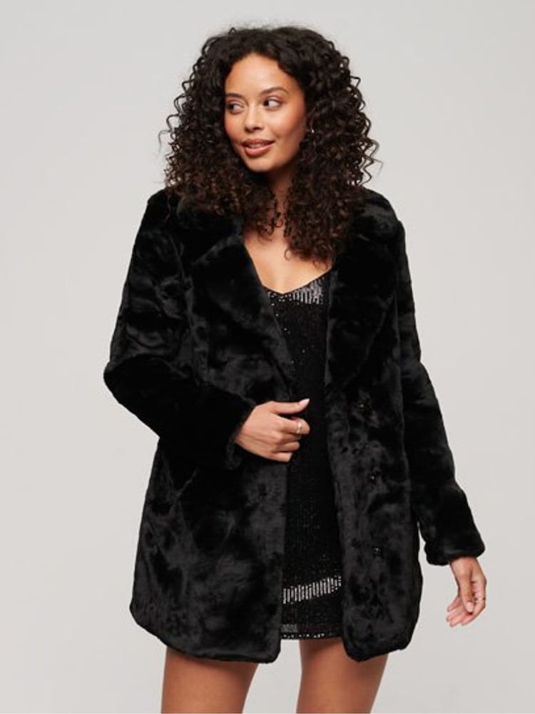 Superdry Black Vintage Mid Faux Fur Coat - Image 2 of 5 Superdry Black Vintage Mid Faux Fur Coat - Image 2 of 5