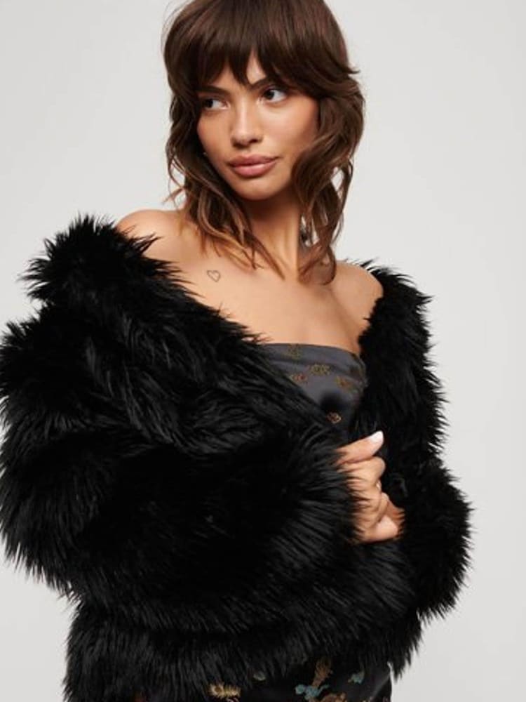 Superdry Black Short Faux Fur Jacket - Image 1 of 6