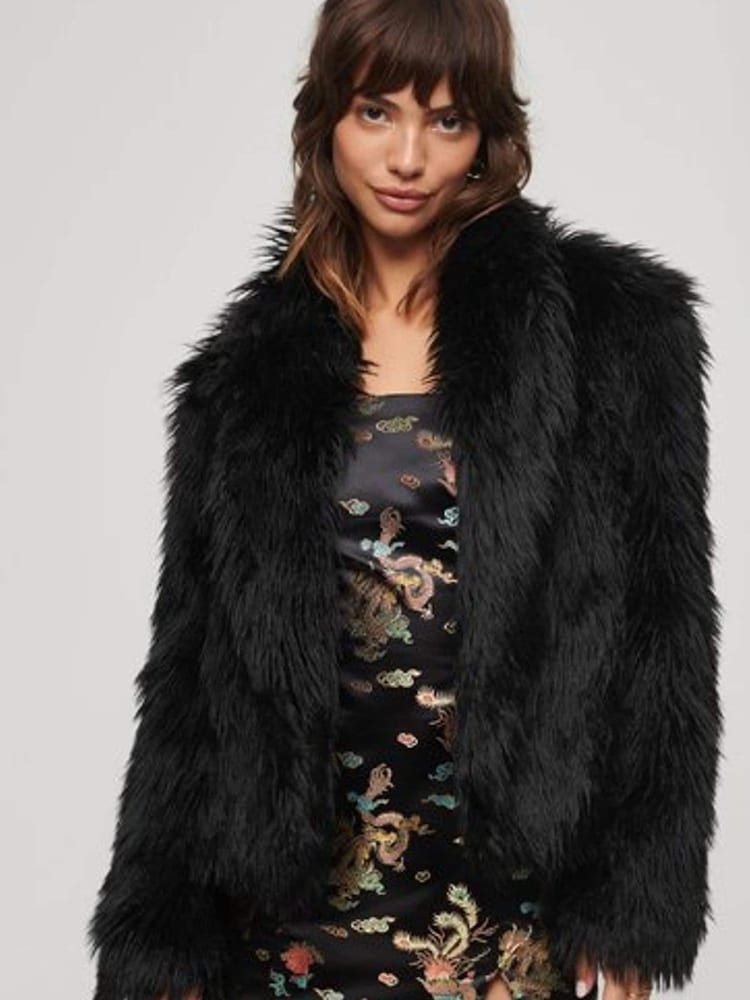 Superdry Black Short Faux Fur Jacket - Image 2 of 6