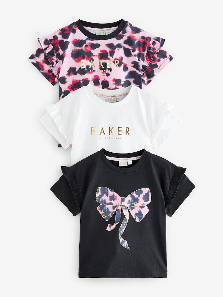 Baker By Ted Baker – T-Shirts aus 100 % Baumwolle mit mehrfarbigem Animal-Print und Rüschenärmeln, 3er-Pack - Bild 1 von 7