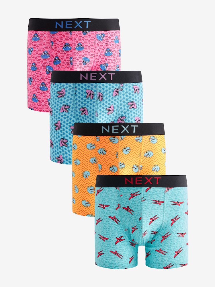 Bright Blue/Pink Dinosaur Print 4 pack Cotton Rich Trunk Boxers 4 Pack - Image 1 of 7