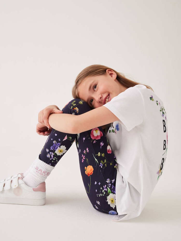 Baker by Ted Baker Navy Floral Graphic 100% Cotton T-Shirt And Leggings Set - Image 4 of 4