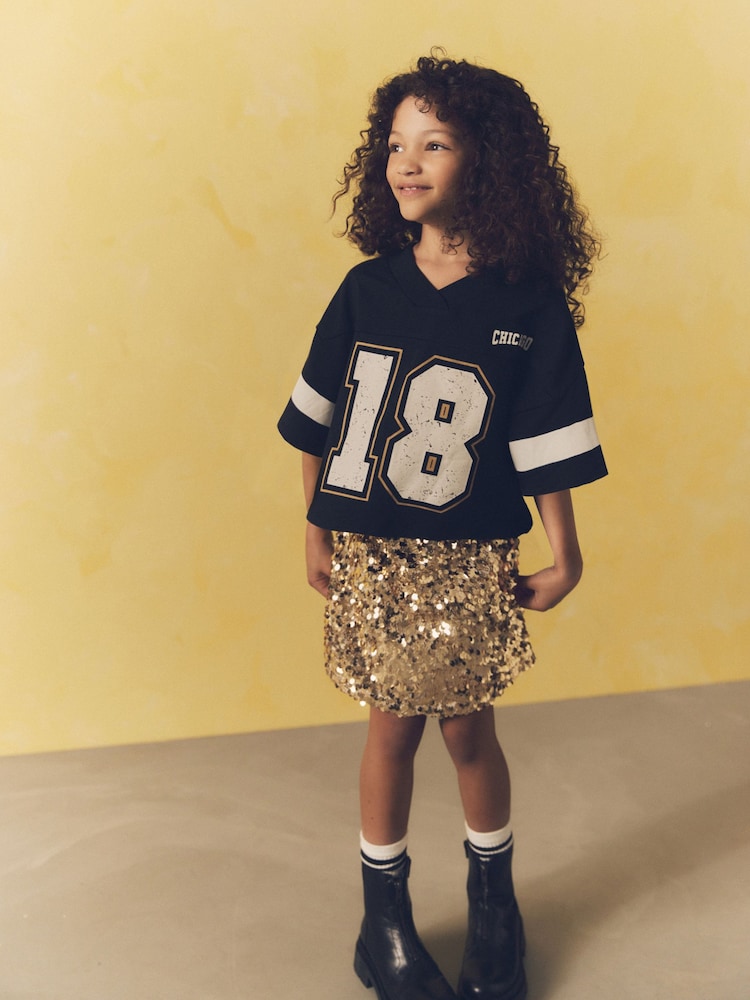Black/Gold Varisty Tshirt And Sequin Skirt Set (3-14yrs) - Image 1 of 8