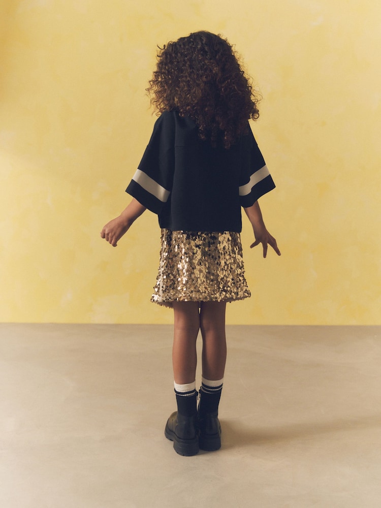 Black/Gold Varisty Tshirt And Sequin Skirt Set (3-14yrs) - Image 2 of 8