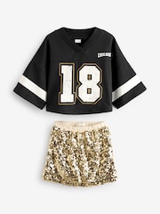 Black/Gold Varisty Tshirt And Sequin Skirt Set (3-14yrs) - Image 6 of 8