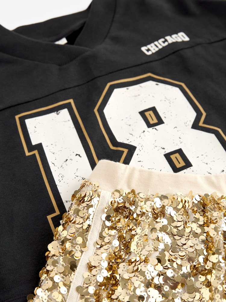 Black/Gold Varisty Tshirt And Sequin Skirt Set (3-14yrs) - Image 8 of 8