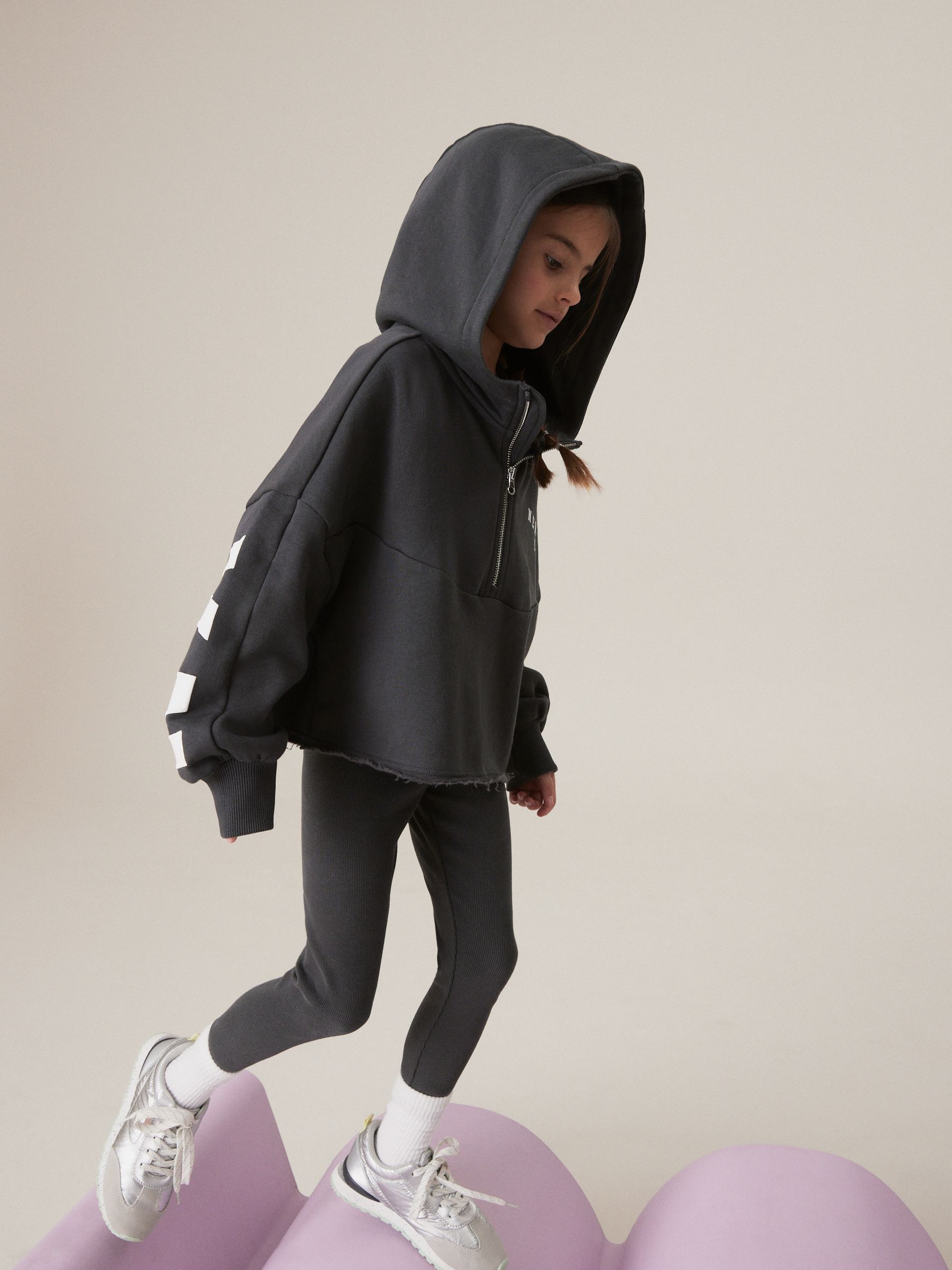 Buy Charcoal Grey Slogan Half Zip Hoodie And Legging Set (3