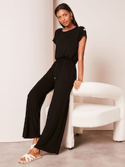 Lipsy Black Miltary Button Shorts Sleeve Jersey Jumpsuit - Image 1 of 4