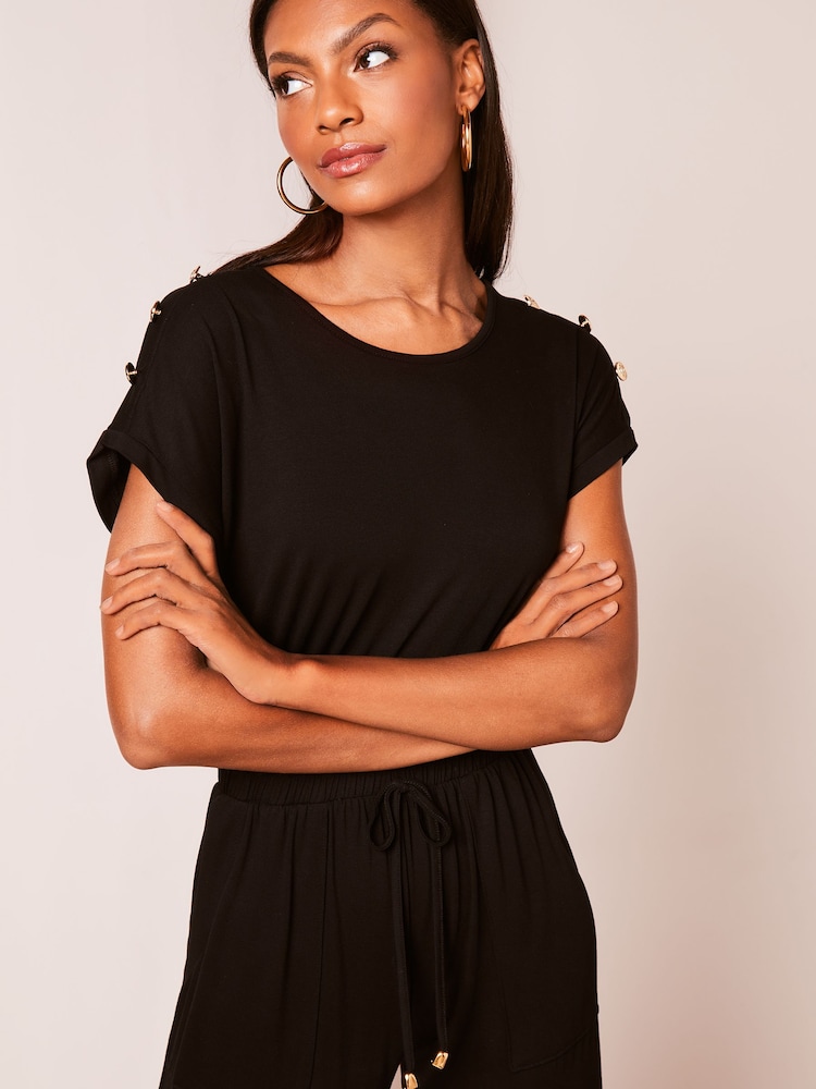 Lipsy Black Miltary Button Shorts Sleeve Jersey Jumpsuit - Image 4 of 4