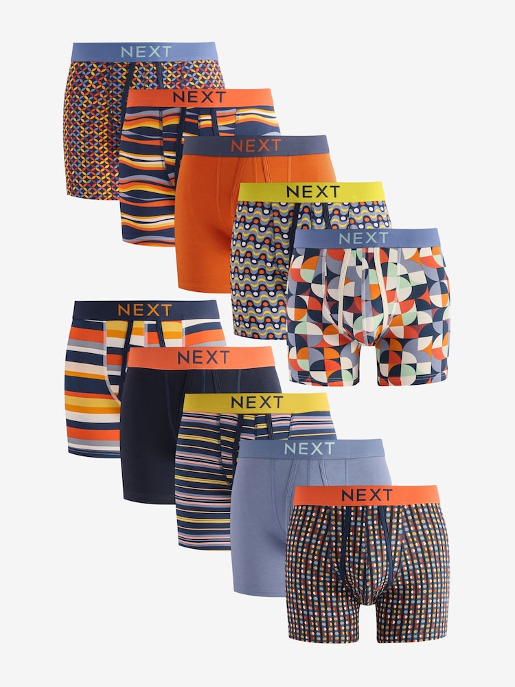 Navy Blue/Orange Spot/Stripe 10 pack A-Front Boxers - Image 1 of 13