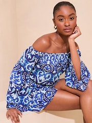 Lipsy Blue Printed Crinkle Bardot Long Sleeve Playsuit - Image 1 of 4