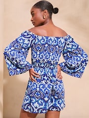 Lipsy Blue Printed Crinkle Bardot Long Sleeve Playsuit - Image 2 of 4