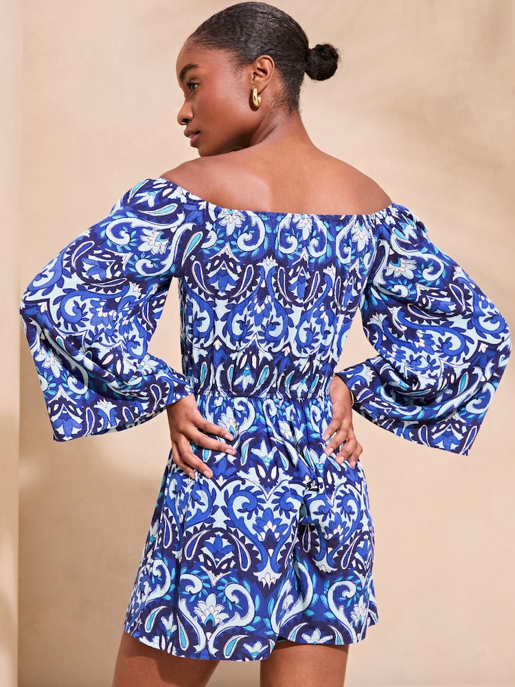 Lipsy Blue Printed Crinkle Bardot Long Sleeve Playsuit - Image 2 of 4