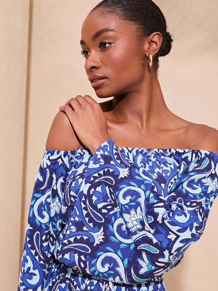 Lipsy Blue Printed Crinkle Bardot Long Sleeve Playsuit - Image 4 of 4