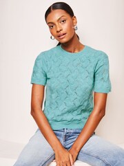 Lipsy Teal Blue Short Sleeve Patterned Knit Top - Image 1 of 4
