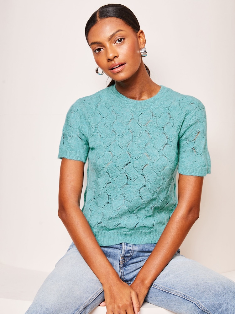 Lipsy Teal Blue Short Sleeve Patterned Knit Top - Image 1 of 4
