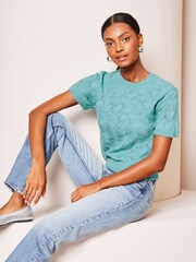 Lipsy Teal Blue Short Sleeve Patterned Knit Top - Image 3 of 4